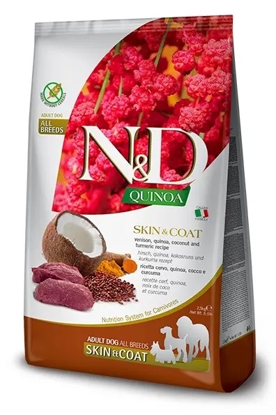 N&D Quinoa Skin & Coat er et komplett fôr tilpasset sensitive hunder og nyttig for å gjenopprette og bevare sunn hud og pels. Inneholder hjort, Quinoa, kokosnøtt og gurkemeie.